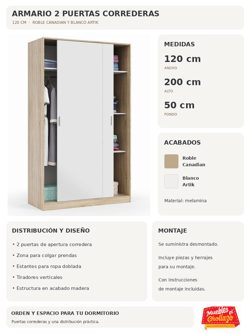 Ficha técnica Armario 2 Puertas Correderas 120 cm
