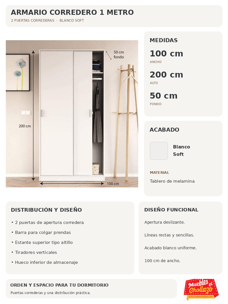 Ficha técnica Armario Corredero 1 Metro Blanco