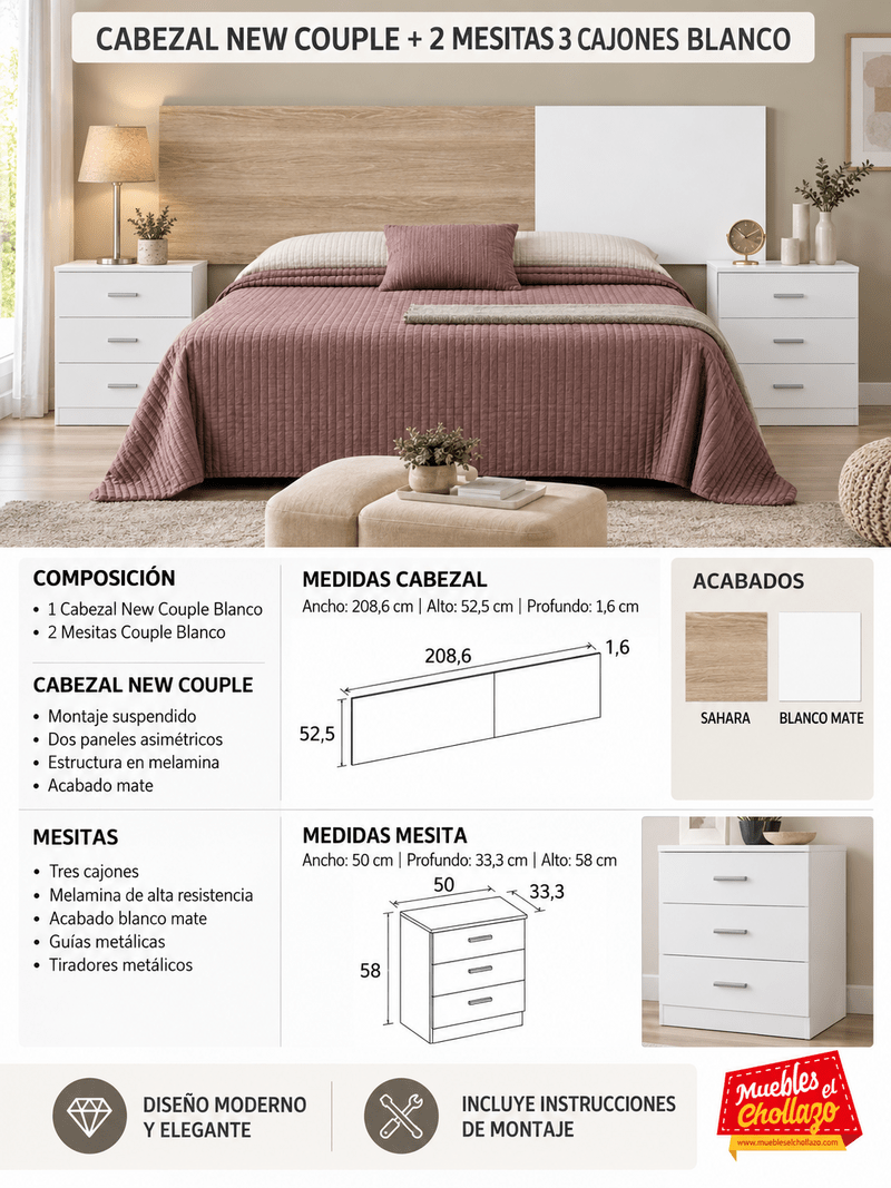 Ficha técnica Cabezal New Couple y 2 Mesitas Couple 3 Cajones Blanco