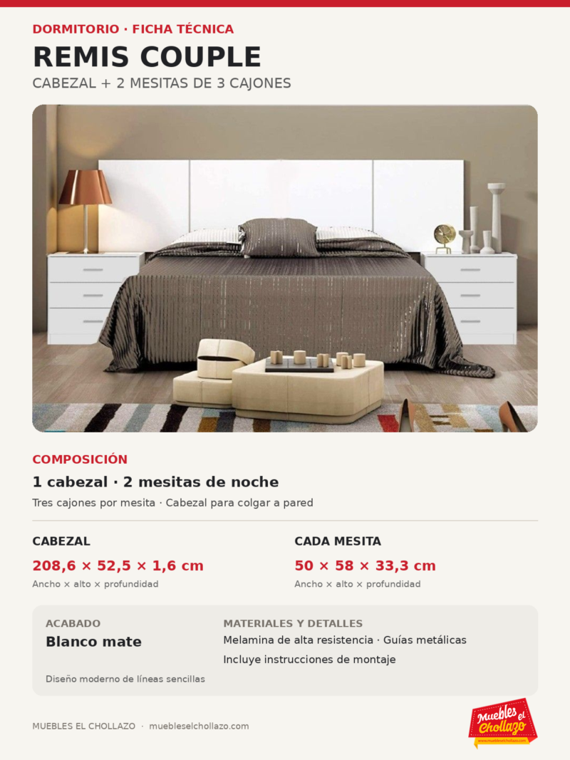Ficha técnica Cabezal Remis y 2 Mesitas Couple 3 Cajones Blanco (1)
