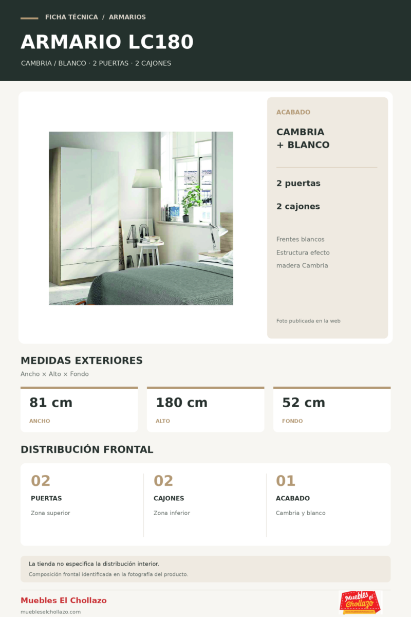 Ficha tecnica Armario LC180 Cambria Blanco