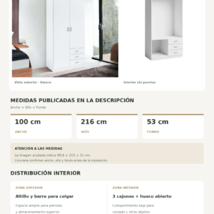 Ficha tecnica Armario Roma 2 Puertas 3 Cajones