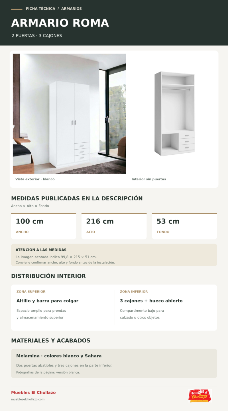 Ficha tecnica Armario Roma 2 Puertas 3 Cajones