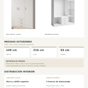 Ficha tecnica Armario Roma 3 Puertas 3 Cajones