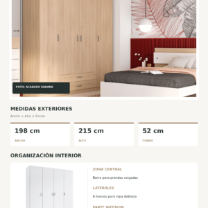 Ficha tecnica Armario Roma 4 Puertas 2 Cajones