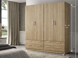 Armario ropero de dormitorio en madera color roble natural con 4 puertas abatibles, 4 cajones inferiores y tiradores metálicos plateados.