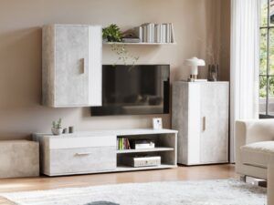 mueble de salon comedor kolm color blanco mate y gris cemento 190 cm
