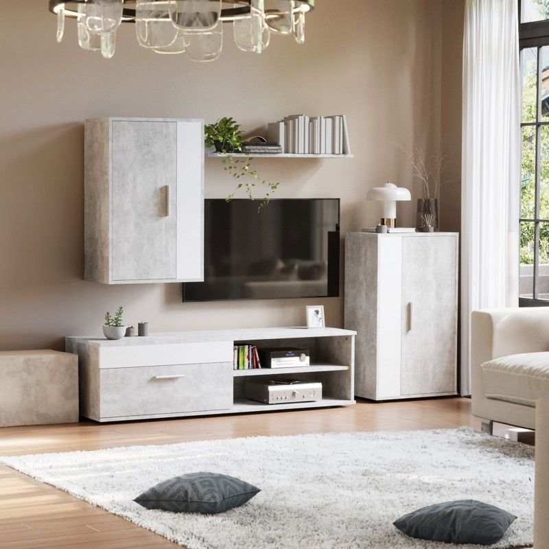 mueble de salon comedor kolm color blanco mate y gris cemento 190 cm