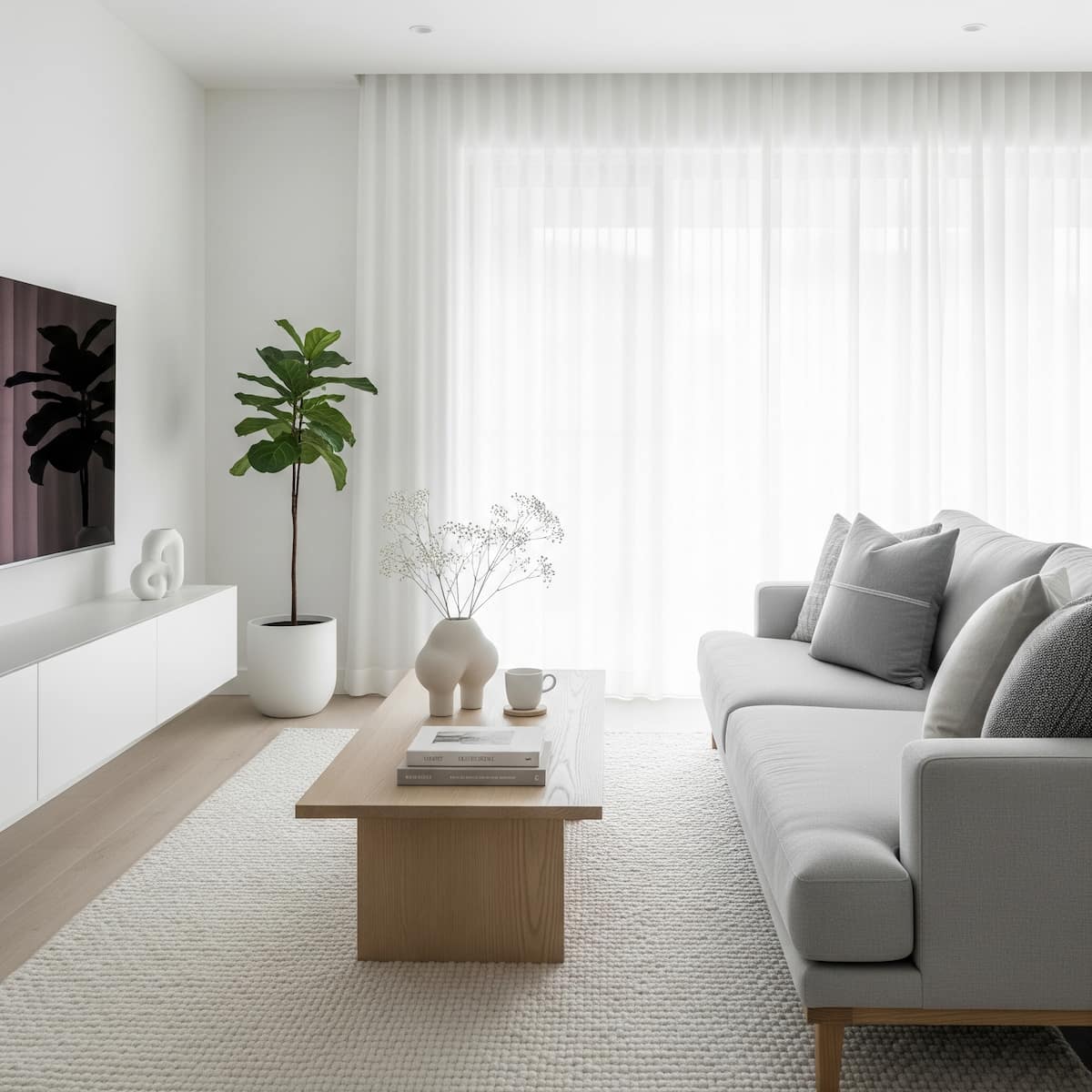 salón minimalista blanco y gris